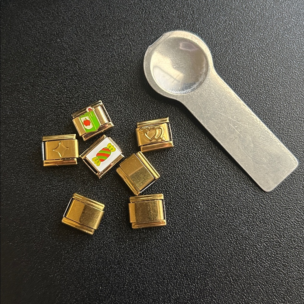 Eight piece Italian Charm Set Gold Stainless Steel with Tool